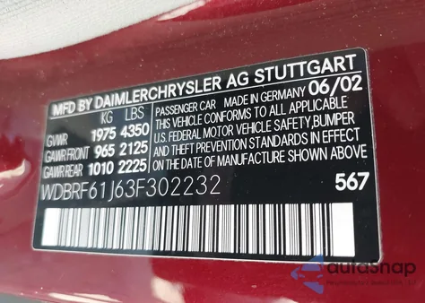 2003 Mercedes-Benz C 240 из США, поврежденный, VIN WDBRF61J63F302232